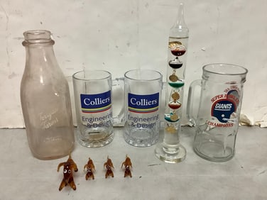 Various Glasses, Forsgate Farms Bottle, Glass Dog Statues (some chipped) Glass Thermometer,  and