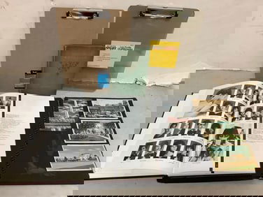 Clipboards, Scrapbook with Postcards, Vintage Yearbook, and more
