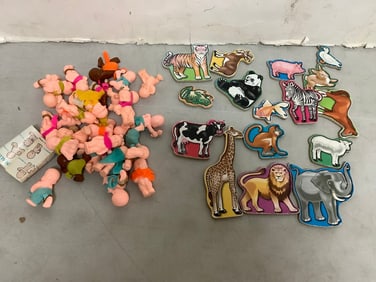 Vintage 1990s Hasbro Lil Babies Lot of 26 and Wooden Magnetic Animals