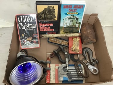 Vintage Mallet, VHS Tapes, Dome Lamp Fixture, Metal Hooks, and more