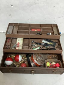 Vintage Kennedy Toolbox (8inx18.25inx7in) with Various Fishing Supplies