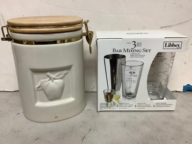 Libbey 3 Pc. Bar Mixing Set and Pacific Products Ceramic Canister