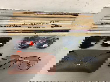 Various Signed Drumsticks, Glasses, and Rey Bann Case