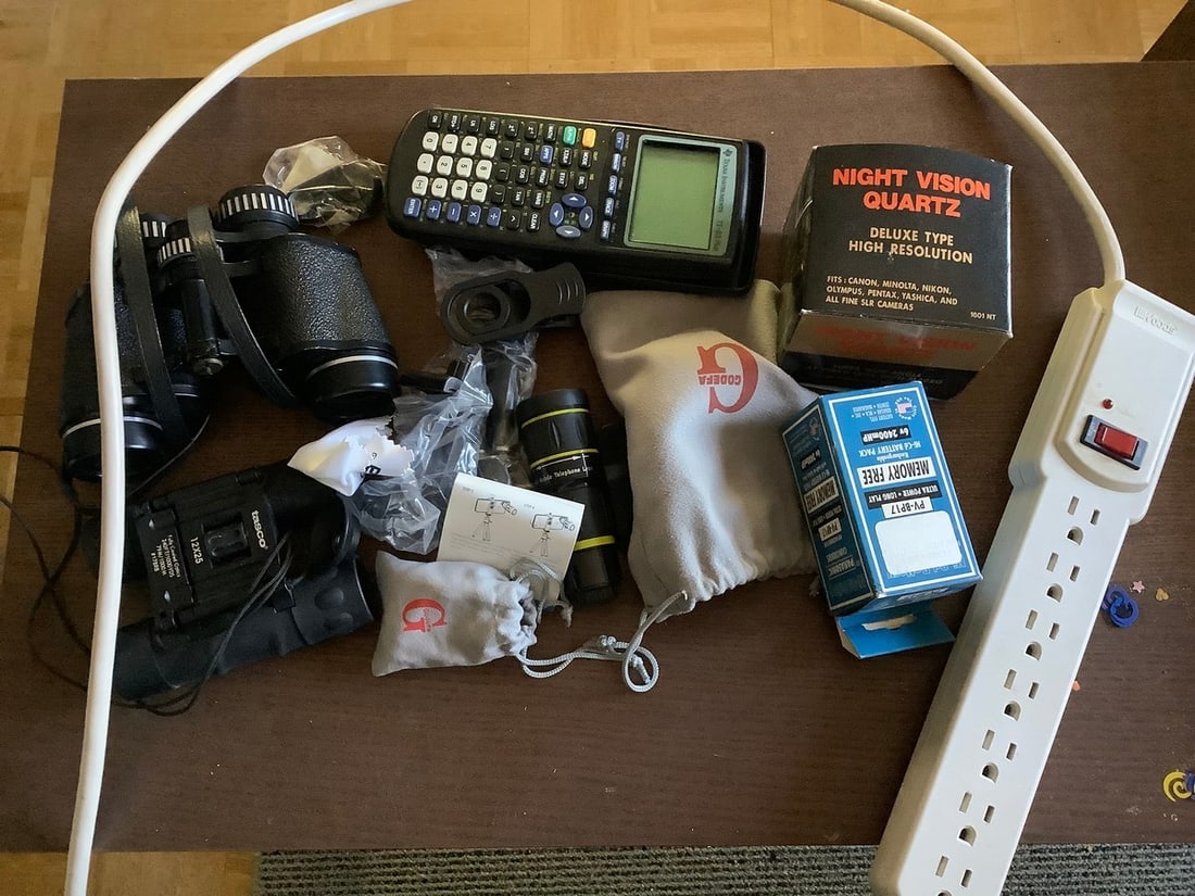 Power cord, night vision quartz lens, binoculars(Tasco, Sans & Streiffe), and more (1 of 1)