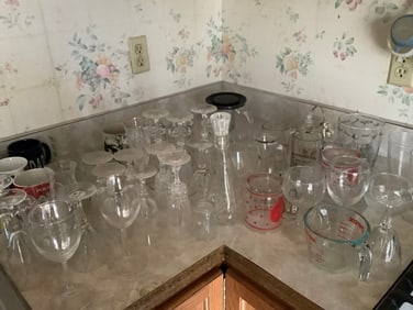 Crystal glass decanter, drinking glasses, and more
