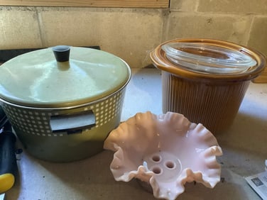 Milk glass candleholder, pot, and more (8in.tallest)