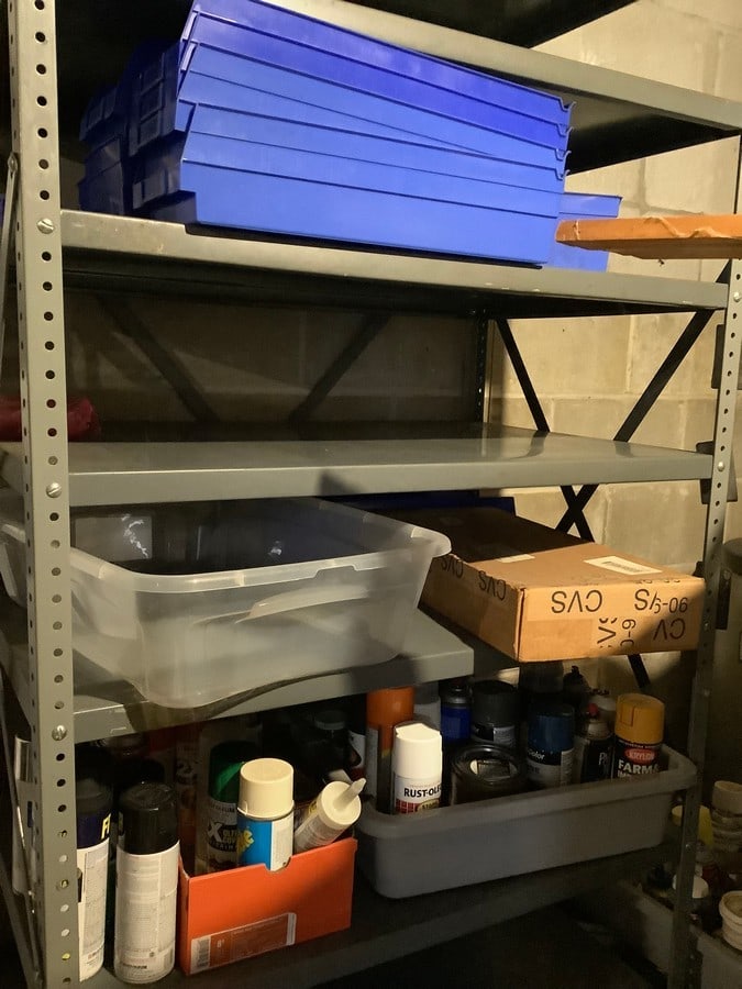 Contents of racking system(spraypaints, parts bins, and more): Contents of racking system(spraypaints, parts bins, and more)