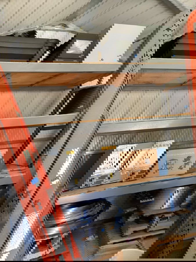 Metal shelving unit with wooden racks(102in.x45in.x115in.) (1 of 1)