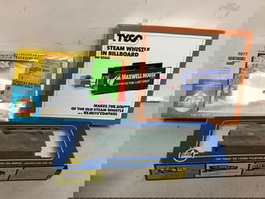 Tyco Steam Whistle in Billboard, A.H.M. train car model, and more
