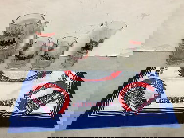 Budweiser glass beer mugs/drinking glass (tallest 8in.) and Budweiser handkerchief