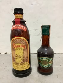 Kahlua coffee liqueur 53 proof 500mL(1/4 full) and Greensleves John Dowland Ltd. (34 proof)