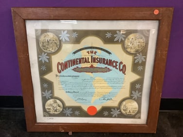 The Continental Insurance Co. framed certificate (23.5in.x25.5in.)