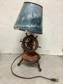 Wooden carved boat theme lamp-18in.tall(shade damaged)