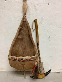 Primitive woven basket and horn rattle(longest 34in.)
