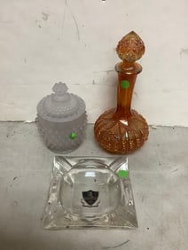 Crystal glass ashtray, glass decanter(10.75in.tall), and more
