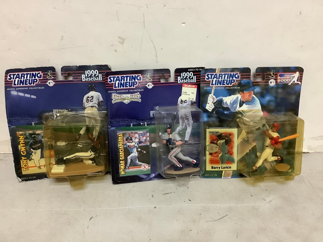 Starting Lineup collectible figures with player card(Barry Larkin, Nomar Garciaparra, Tony Gwynn-new: Starting Lineup collectible figures with player card(Barry Larkin, Nomar Garciaparra, Tony Gwynn-new in box)