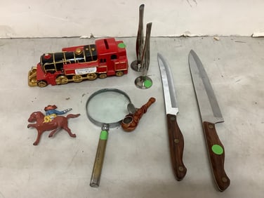 Various Knives (Lifetime Cutlery - Jetcut), Mid-Century Silverplate Bud Vases, Pipe from Costa Rica,