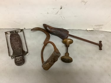 Antique Meat Hook, Shoe Stretcher (15.5in Long), Brass Door Knob, and more