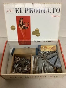 Vintage fishing supplies in cigar box