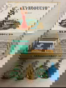 Vintage mini presidential glass bottles(3in.tall) and more in cigar box