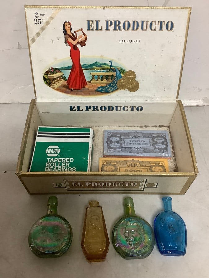 Vintage mini presidential glass bottles(3in.tall) and more in cigar box: Vintage mini presidential glass bottles(3in.tall) and more in cigar box