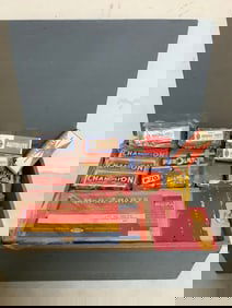 Various electrical parts in wooden case