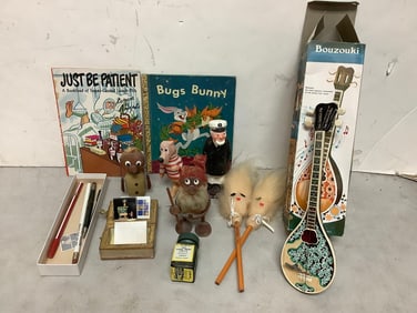 Bouzouki handmade greek instrument, vintage children's books, Cap'n pepper shaker(6.5in.tall), and