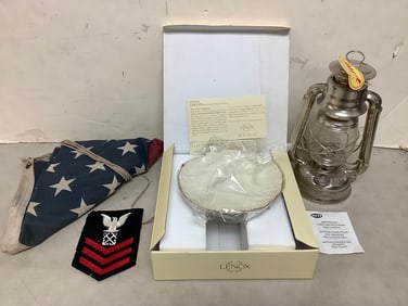 Lenox plate, Dietz lantern(10.25in.tall), U.S. flag, and more