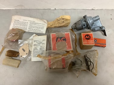 Various parts(AC fuel pump bowl and gasket, Echlin CS 65 contact set, AC fuel pump repair kit, and