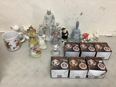 Christmas Treasury Collections ornaments, 1932 ceramic bell, statues, and more(tallest 8.5in.)