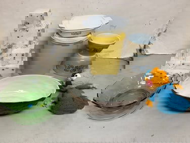 Pyrex bowls, Simpsons doll, green depression glass plate/bowl, and more(tallest 13in.)