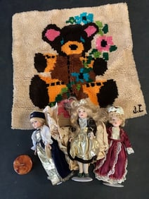 Handmade rug(32.5in.x34.5in.), ceramic dolls, and vintage beauty powder