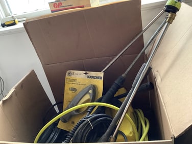 Box full of Karcher nozzles,hoses, and more