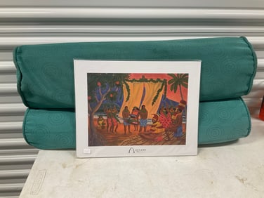 Lot of 2 disney pillows and Aulani lithograph