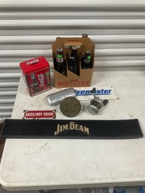 Lot of vintage bottles, Jim Beam beer mat and more