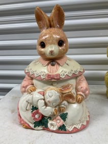 1980's Bunny Rabbit and Sleeping Baby Ceramic Cookie Jar