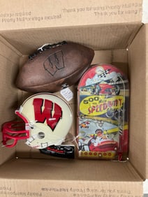 mile speedway pinball game; mini helmet and football