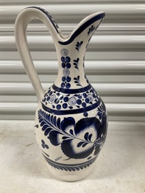 vintage blue and white hand painted vase 15" tall