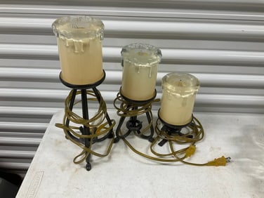 set of three decorative table top electric candles; tallest stands 14" tall