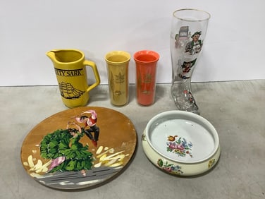 Cutty Sark pitcher, handpainted wall decor, glass boot(10.75in.tall), and more