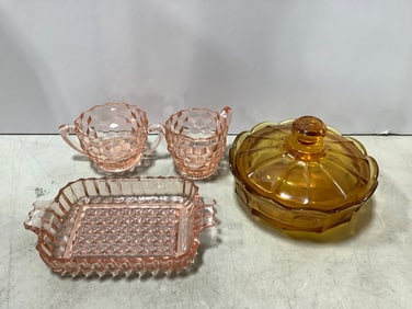 Pink and amber depression glass(3in.tallest)