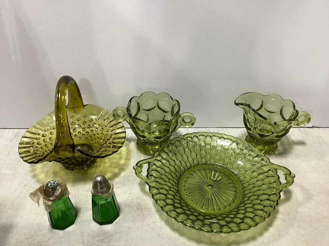 Green depression glass basket, pitcher, and more(tallest 6.25in.) (1 of 1)
