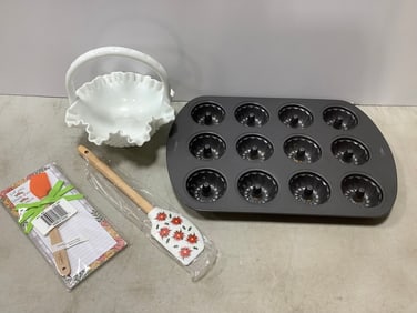 Milk glass basket(8.5in.tall), Wilton baking tray, and more