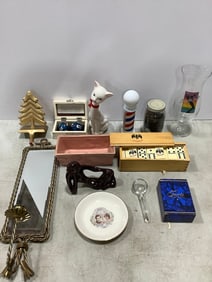 Bacardi dominoes set, health balls, mirror/candleholder wall decor, and more(tallest 9.5in.)