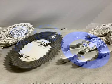 Blue Heritage plates, cups, and Pier 1 decorative bowl (14in.across, 2.5in.tall)