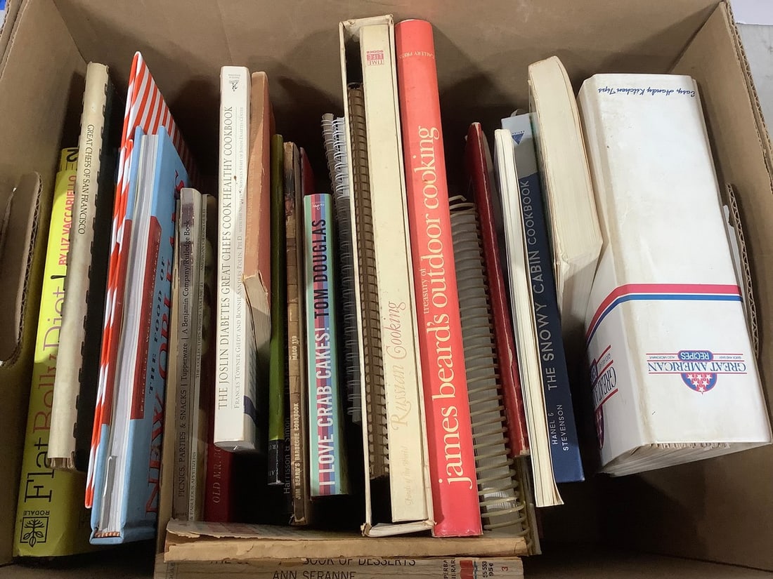 Various cookbooks(James Beard's Outdoor Cooking, I Love Crab Cakes, The Snowy Cabin Cookbook, and (1 of 1)