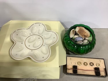 Lenox egg dish(10in.across), seashells, green glass bowl, and more