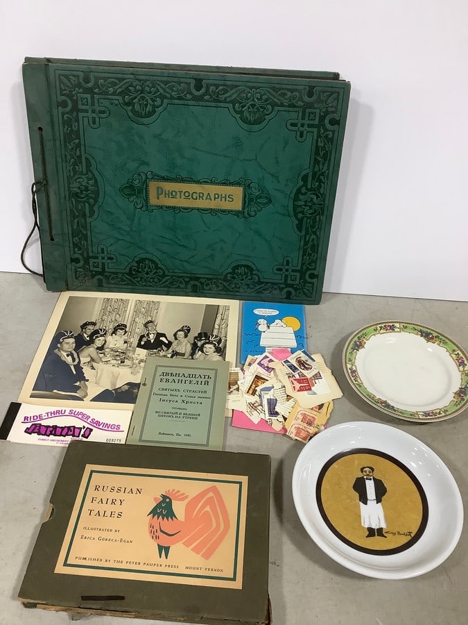 Vintage scrapbook(empty), vintage stamps, Russian Fairy Tales book, and more: Vintage scrapbook(empty), vintage stamps, Russian Fairy Tales book, and more