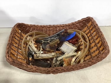 Wicker basket(12in.long) full of hair clips