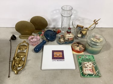Shell wall hanging candleholder, shell bookends, football flag picks, and more(7.5in.tall)